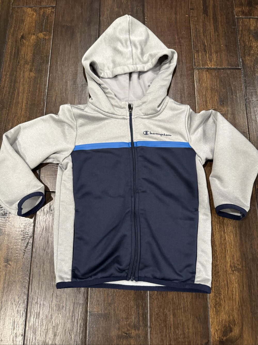 Boy’s Champion Full Zip Athletic Hoodie – Gray Navy Blue – 4T